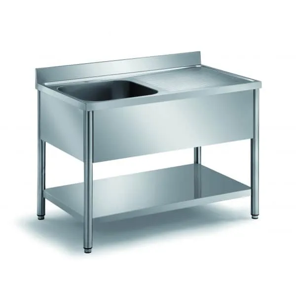 Plonge démontable sur pieds ronds avec étagère inox AISI 304 1 bac profondeur 600 mm longueur 1400 mm